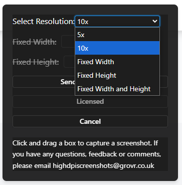 Resolution selector showing 10x option